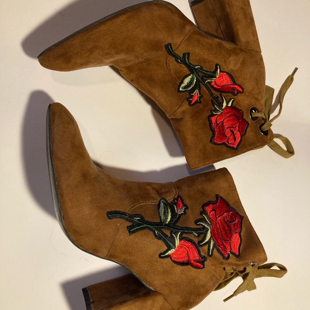 Suede Ankle Boots with Red Rose Embroidery